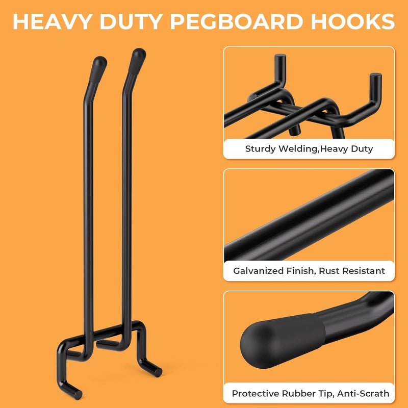 INCLY 4/6 Inch Black Pegboard Hooks, 36 Pack Heavy Duty Double Arm Peg Board Straight Hooks, Peg Board Tool Hangers Fit for 1/4" Pegboard Garage Hanging Tools, Craft Organizing, Kitchen, Store - Image 5